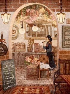 a painting of a woman standing in front of a counter with flowers on it and a cat sitting next to the counter