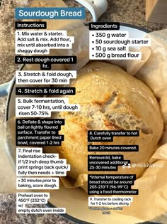 the instructions for sourdough bread in a bowl