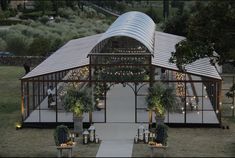 Green candle white wedding reception Outdoor Venue Ideas Events, Unique Tent Wedding Ideas, Greenhouse Tent Wedding, Modern Wedding Venue Ideas Outside, Unique Outdoor Wedding Venues, Unique Venue Ideas, Open Air Pavilion, Farm Venue Ideas, Green House Event Space