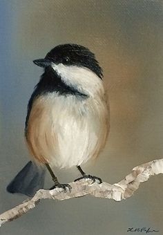 a painting of a black and white bird sitting on a tree branch with grey background