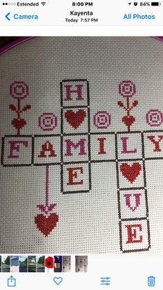 a cross stitch pattern with the words family and hearts