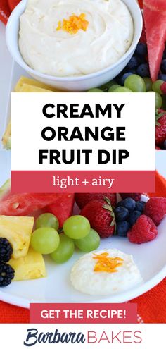 creamy orange fruit dip recipe on a plate with berries and watermelon