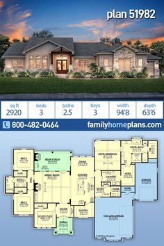 two story house plan with 3 bedroom and 2 bathrooms in the front, an open floor plan