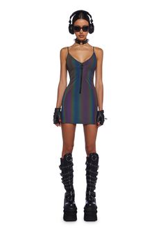 cuz you're bringing shockwaves into the rave vortex, babe! Cause a frenzy in this sikk AF mini dress that has a rainbow reflective material, adjustable cami straps, N' a front zip closure with an O-ring pull. Reflective Dress, Holographic Accessories, Rave Dress, Reflective Material, Rave Wear, Time Machine, Beauty Accessories, Dolls Kill, Platform Shoes