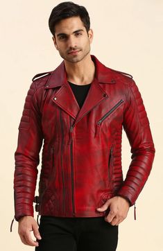 Get your Dawson distressed red motorcycle leather jacket now! This is a must-have for bikers and fashionistas alike. It's made from genuine leather with a distressed finish that looks great and feels comfortable. Leather Jackets Online, Red Motorcycle, Motorcycle Leather Jacket, Lambskin Leather Jacket, Motorcycle Leather, Of Outfits, Fashion Painting, Leather Motorcycle Jacket, Leather Jacket Men