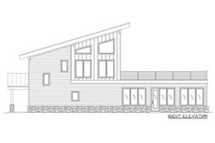 a drawing of the front elevation of a house with large windows and an attached deck