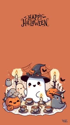 a happy halloween card with a ghost and pumpkins on the table in front of it