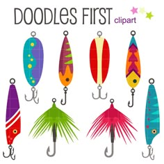 an assortment of different types of fishing lures on hooks, with the words doodles first clipart above them