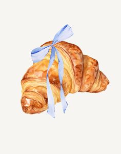 watercolor painting of croissants wrapped in blue ribbon