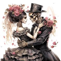 a couple dressed up as skeletons hugging each other with roses in their hair and dress