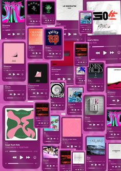 an image of a purple background with many different types of music playing devices on it