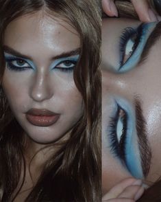 Ocean Inspired Makeup Looks, Blue Eyeshadow Looks For Brown Eyes, Duochrome Eyeshadow Looks, Blue Creative Makeup, Blue Mascara Makeup, Alt Makeup, Pinterest Makeup