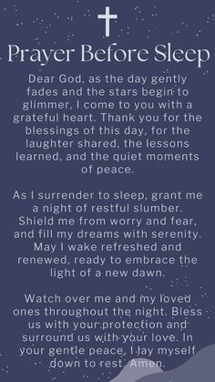 a poem with the words prayer before sleep written in white and black ink on a dark blue background