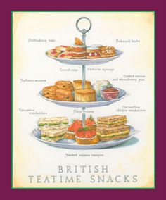 the british teatime snacks are displayed on three tiered trays with different types of sandwiches