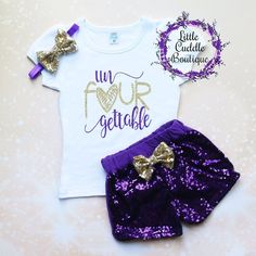 Four Year Old Girl Birthday Theme, Un Four Gettable Birthday, Birthdays Themes, Four Year Old Birthday, Toddler Birthday Outfit Girl, Toddler Birthday Themes, Purple Headband, Purple Headbands, Puff Sleeve Shirt