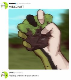 a hand holding something green and brown in it's left palm, with the text minecraft above it