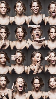 a woman making different faces with her hands and mouth wide open to show the various expressions