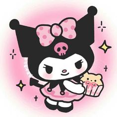 a hello kitty holding a cupcake with a skull on it's head and wearing a pink dress