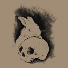 a black and white drawing of a rabbit hugging a human skull