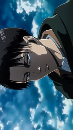 an anime character with blue eyes looking up at the sky and clouds in the background