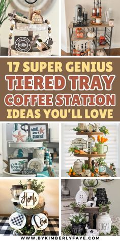 Super Genius Tiered Tray Coffee Station Ideas 3 Tier Coffee Stand, Coffee Station Tray Ideas, Tea Station Ideas Small Spaces Kitchen, Coffee Corner Ideas Countertop, Small Countertop Coffee Bar Ideas, Tea Display Ideas, Tea Station Ideas, Hot Chocolate Tray, Coffee Tray Ideas