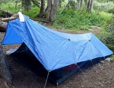 a blue tent pitched up in the woods