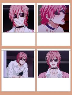 four different images of an anime character with pink hair