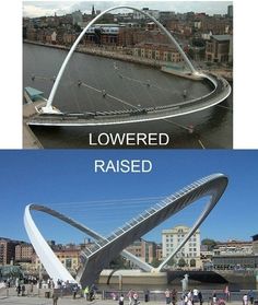 two pictures with people walking on the sidewalk and one has a curved bridge in it