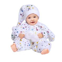 a baby is wearing a white outfit with stars on it and a hat over his head