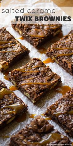 salted caramel twix brownies are stacked on top of each other