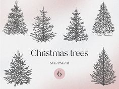 six christmas trees are shown in black and white, with the number 6 below them