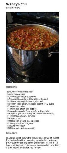 the recipe for wendy's chili is shown here