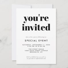 a white and black party card with the words you're invited on it