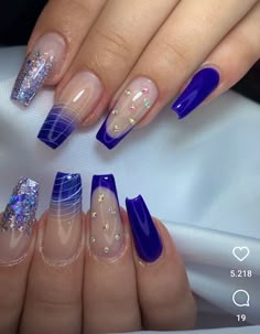 Royal Blue Nails Designs, Glitter Gel Nail Designs, Blue Prom Nails, Blue And Silver Nails, Silver Nail Designs, Royal Blue Nails, Blue Acrylic Nails, Dope Nail Designs, Pretty Nail Art Designs