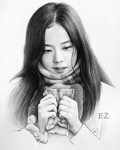 a pencil drawing of a woman holding something in her hands