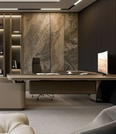 an office with marble walls and flooring in the center, along with two desks