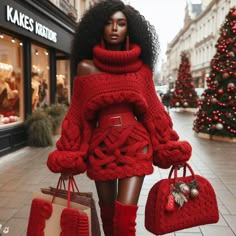 a woman is walking down the street with two bags in her hand and wearing red boots