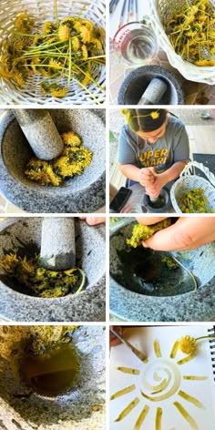 the process of making sunflowers out of rocks is shown in four different pictures