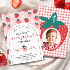 a strawberry themed birthday party card with the number one on it and an image of a child's face