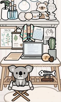 a drawing of a koala bear sitting at a desk in front of a laptop