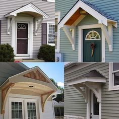 four pictures of different styles of houses with windows and doors on each side of the house