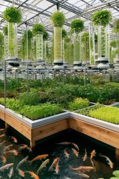 an indoor garden with lots of plants and fish swimming in the water