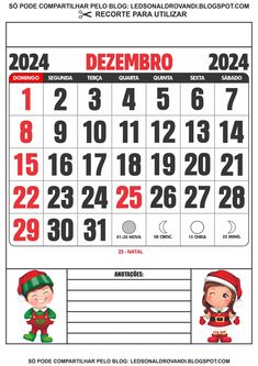 the calendar for december is shown in red and green with two cartoon characters on it