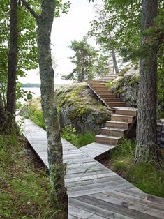 a wooden walkway in the woods leading to some stairs