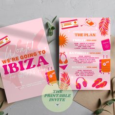 a pink and orange party card with the words we're going to ibiza on it