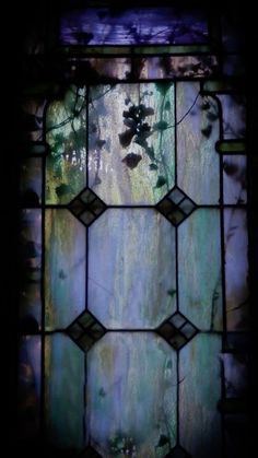 an old stained glass window with vines and leaves