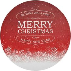 merry christmas and happy new year card with snowflakes on red background in circle