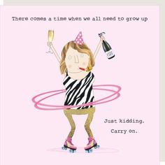 a card with a girl holding a wine glass and a hula hoop