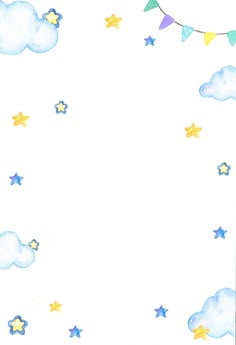 a watercolor drawing of clouds and stars on a white background with a place for text