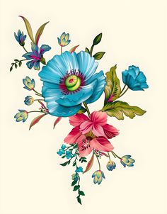 an illustration of blue and pink flowers on a white background